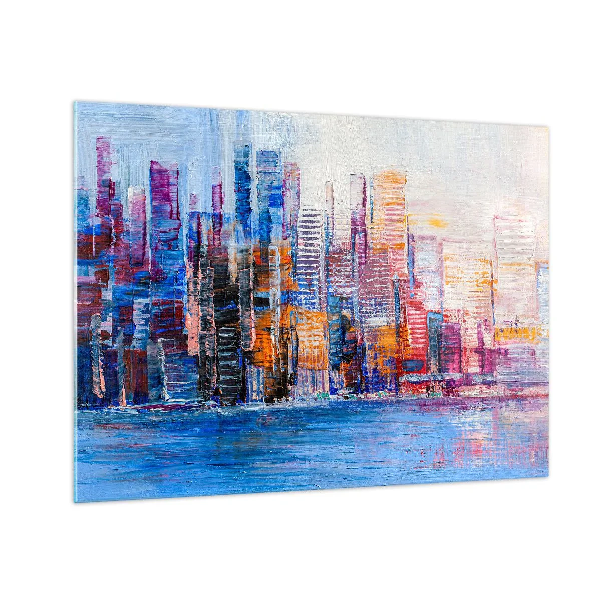 Impression sur verre - Image sur verre - Un panorama coloré de la ville peint avec des coups de pinceau - 70x50cm - Une métropole joyeuse - Décoration murale moderne pour le salon et la chambre ARTTOR