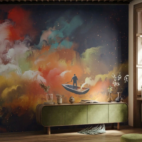 Papier Peint Photo Premium Canvas - En bateau à travers la galaxie - Abstraction, Fantaisie, Voyage - 250x175 cm