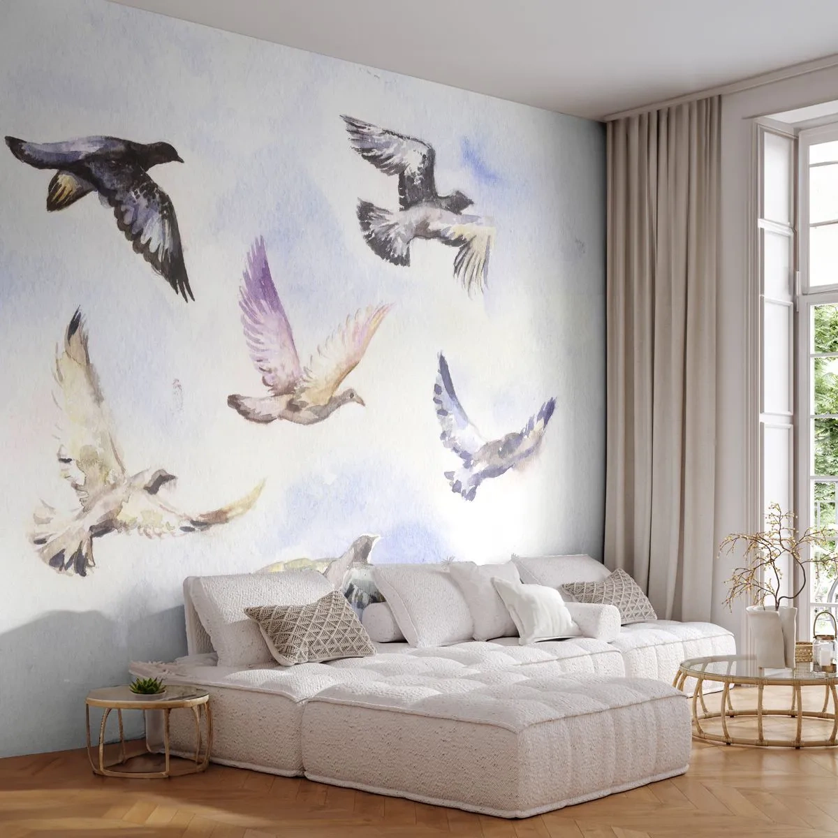 Papier Peint Autocollant Deluxe Sticker - Liberté en gris et bleu - Des oiseaux, Graphique, Morceau - 250x175 cm