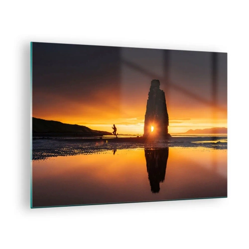 Impression sur verre - Image sur verre - Coucher de soleil avec une silhouette humaine et une formation rocheuse - 70x50cm - Juste vous et la nature - Décoration murale moderne pour le salon et la chambre ARTTOR