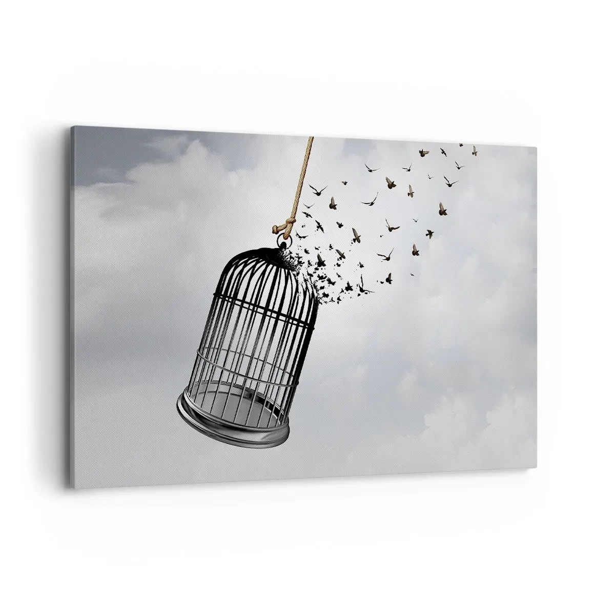 Impression sur toile - Image sur toile - Des oiseaux s'envolent d'une cage dans le ciel - 120x80cm - Foie...Espoir...Liberté! - Décoration murale moderne pour le salon et la chambre ARTTOR