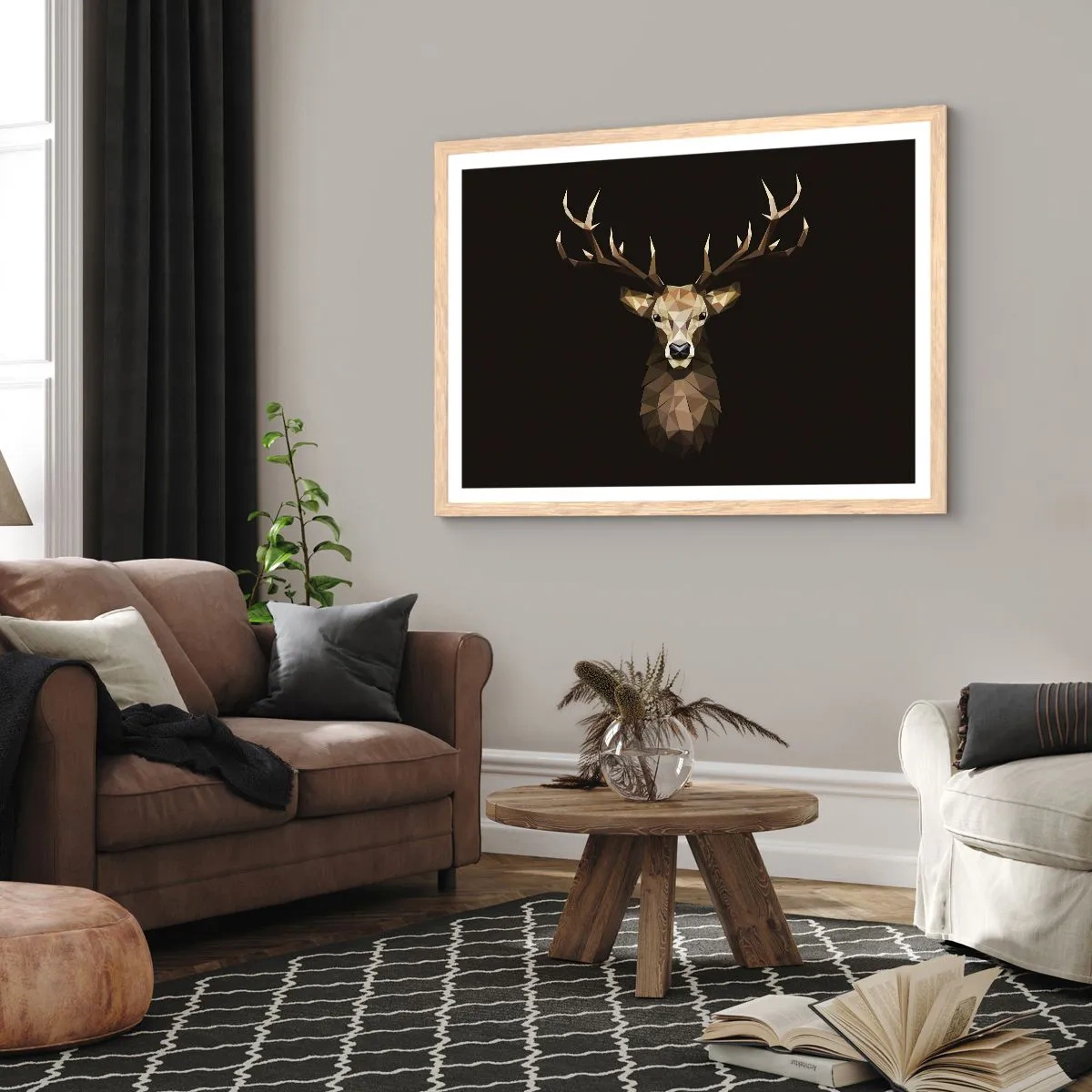 Affiche dans un chêne clair - Poster - Cerf cubique - 40x30 cm