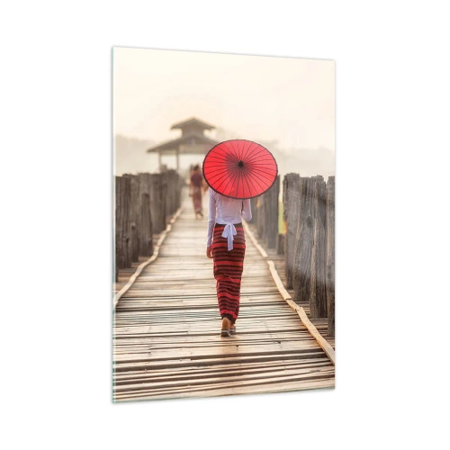 Impression sur verre - Image sur verre - Une femme avec un parapluie rouge sur un pont en bois - 50x70cm - Sur le vieux pont - Décoration murale moderne pour le salon et la chambre ARTTOR