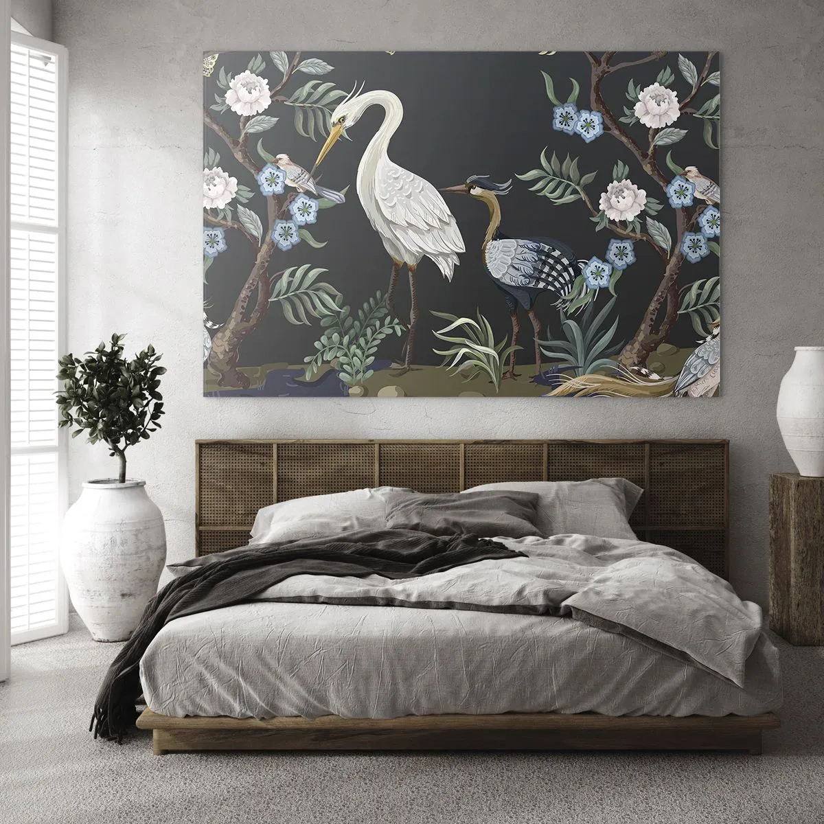 Impression sur verre - Image sur verre - Oiseaux colorés parmi des branches fleuries sur un fond sombre - 70x50cm - Parade d'oiseaux - Décoration murale moderne pour le salon et la chambre ARTTOR