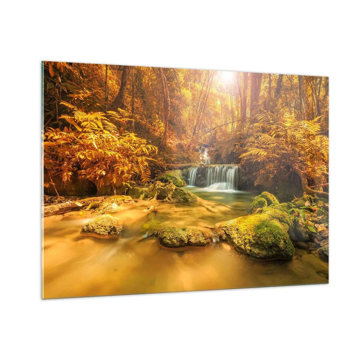Impression sur verre - Image sur verre - Cascade forestière en or - 100x70cm - Cascade de forêt en or - Décoration murale moderne pour le salon et la chambre ARTTOR