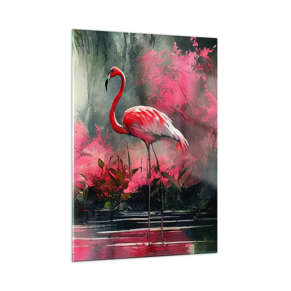 Impression sur verre - Image sur verre - Deux flamants roses dans un décor tropical au bord de l'eau - 50x70cm - Une leçon de grâce naturelle - Décoration murale moderne pour le salon et la chambre ARTTOR