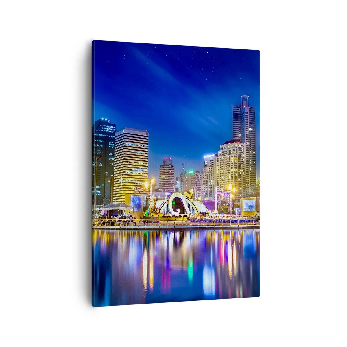 Impression sur toile - Image sur toile - Panorama nocturne de la ville avec les lumières reflétées sur l'eau - 50x70cm - Nuit arc-en-ciel de la métropole - Décoration murale moderne pour le salon et la chambre ARTTOR