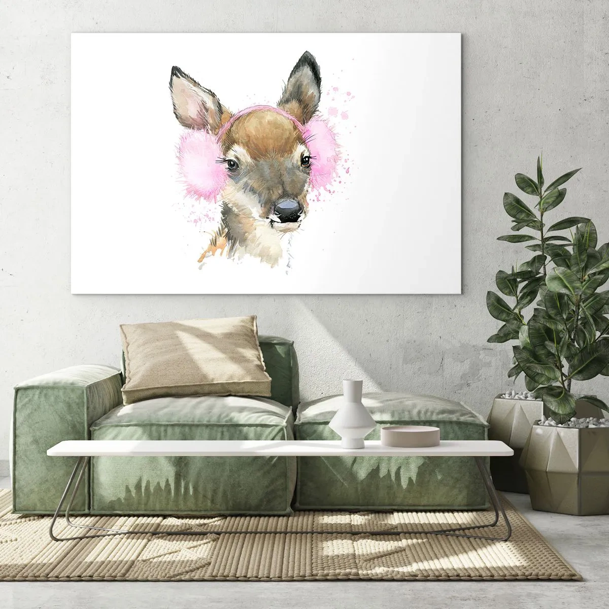 Impression sur verre - Image sur verre - Un cerf avec des cache-oreilles en fourrure rose - 100x70cm - Et le gel n'effraie plus - Décoration murale moderne pour le salon et la chambre ARTTOR