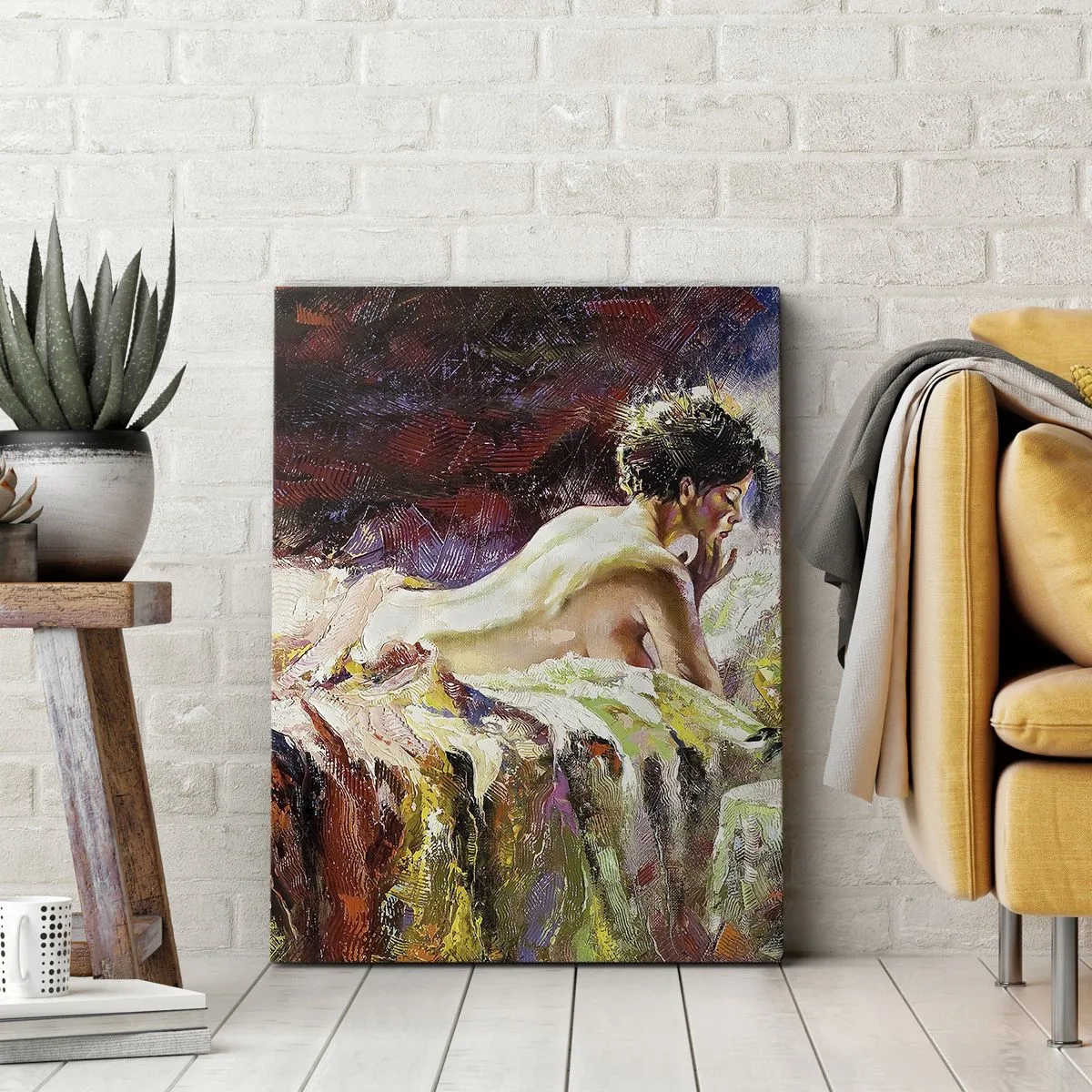 Impression sur toile - Image sur toile - Une femme allongée sur un lit sur un fond de couleurs abstraites. - 80x120cm - Vénus en pensée - Décoration murale moderne pour le salon et la chambre ARTTOR