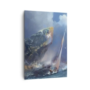 Impression sur toile - Image sur toile - Un voilier dans une tempête au pied d'un rocher massif - 70x100cm - Celui qui est courageux, gagne - Décoration murale moderne pour le salon et la chambre ARTTOR
