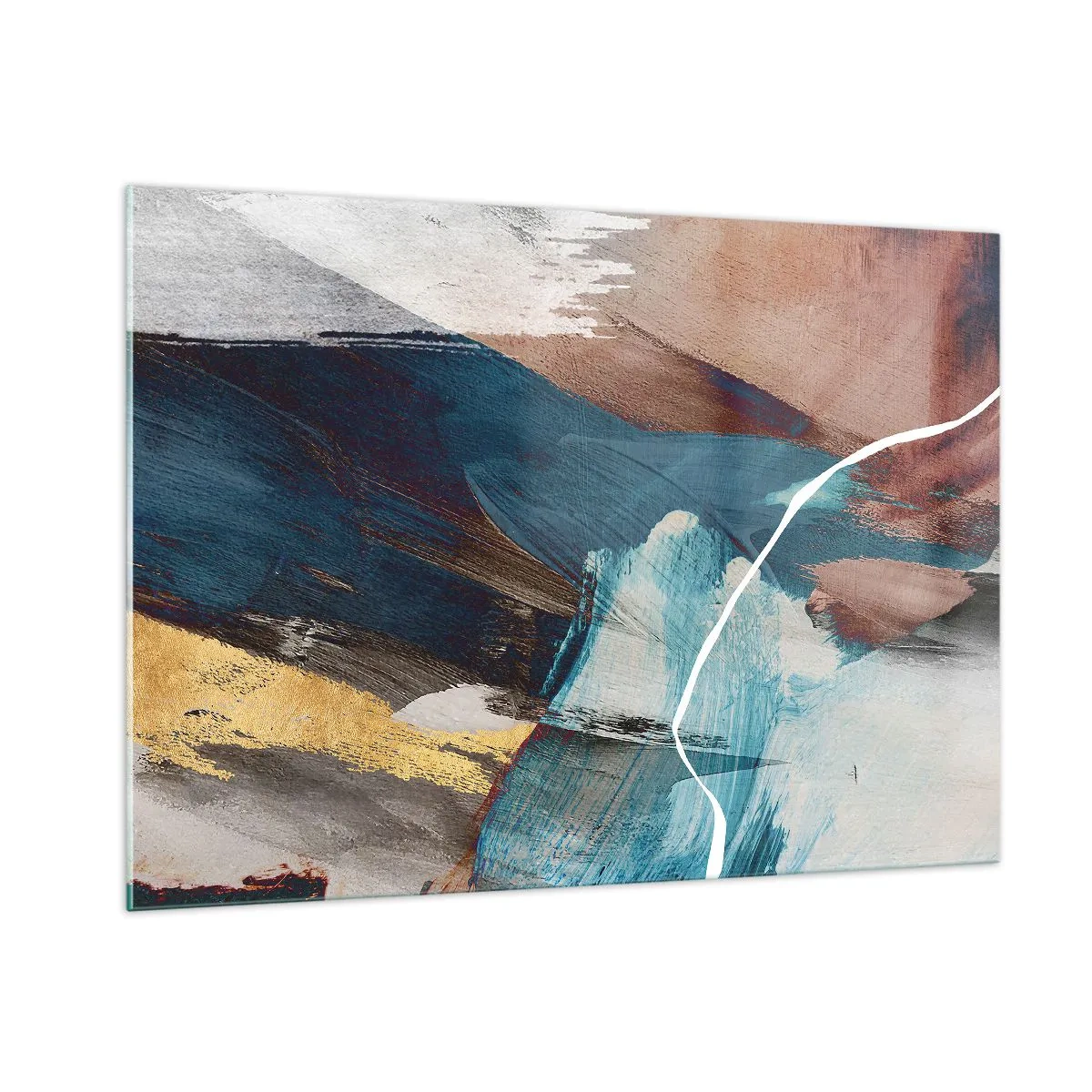 Impression sur verre - Image sur verre - Une composition abstraite en turquoise, or et marron. - 100x70cm - Avec panache et énergie - Décoration murale moderne pour le salon et la chambre ARTTOR