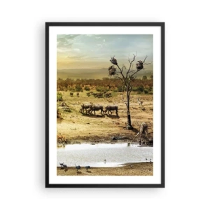 Affiche dans un cadre noir - Poster - Savane avec des rhinocéros et un point d'eau - 50x70cm - "Et d'Eden coulait une rivière..." - Décoration murale moderne pour le salon et la chambre ARTTOR