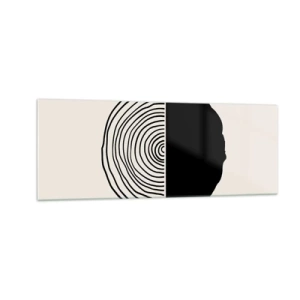 Impression sur verre - Image sur verre - Un motif abstrait en noir et blanc inspiré d'une coupe transversale de bois avec une division géométrique. - 140x50cm - Moitié-moitié - Décoration murale moderne pour le salon et la chambre ARTTOR