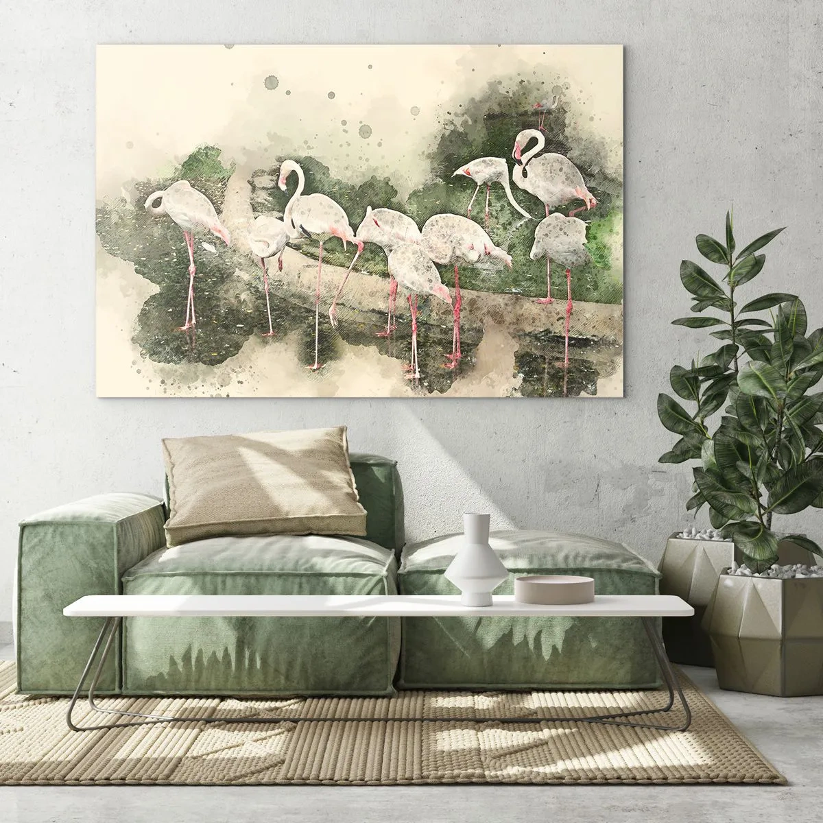 Impression sur verre - Image sur verre - Flamants roses sur fond d'une composition à l'aquarelle - 70x50cm - Rêve exotique - Décoration murale moderne pour le salon et la chambre ARTTOR