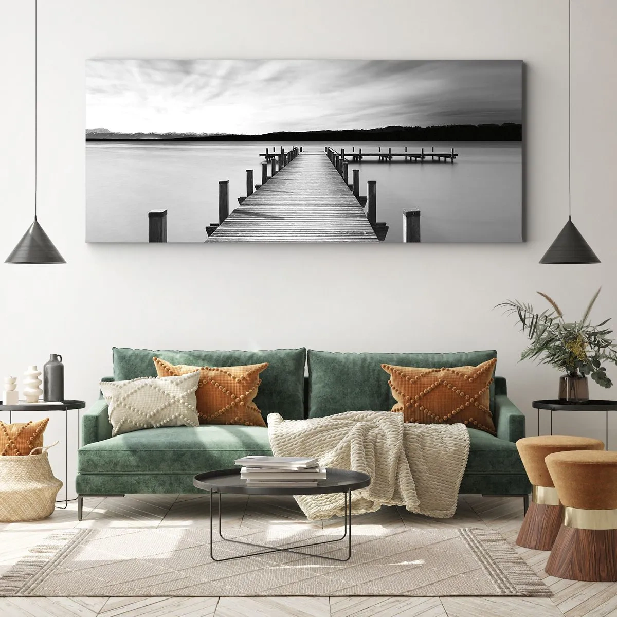 Impression sur toile - Image sur toile - Une jetée noire et blanche sur un lac calme - 120x50cm - Au point d'eau - la paix - Décoration murale moderne pour le salon et la chambre ARTTOR