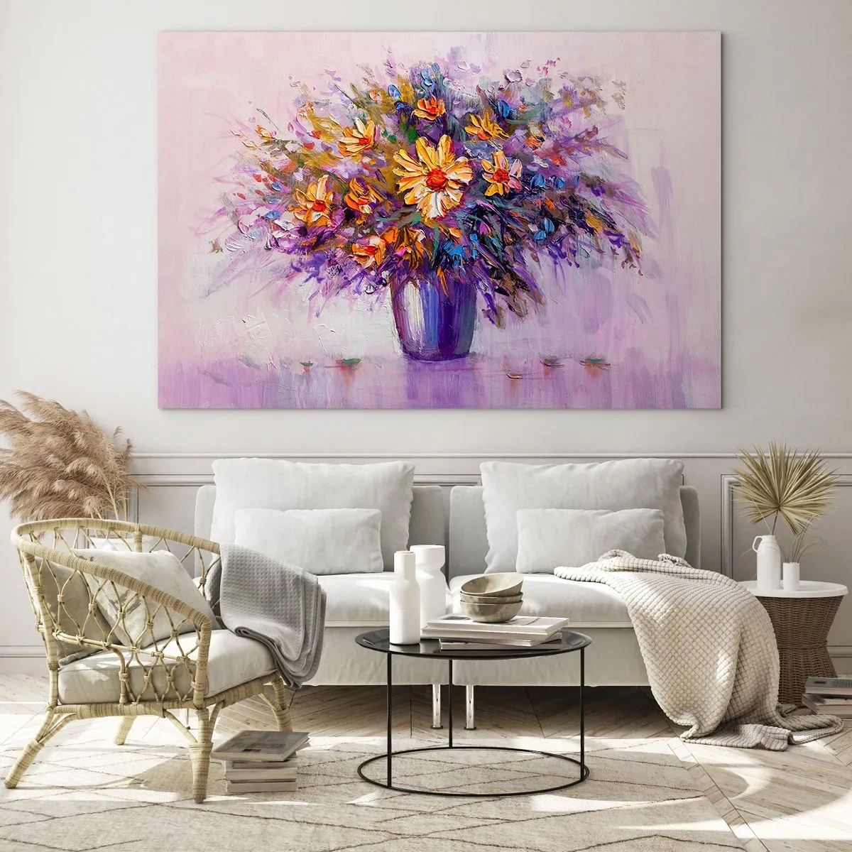 Impression sur verre - Image sur verre - Un bouquet de fleurs colorées dans un vase sur un fond pastel - 120x80cm - Ça sent bon, ça a l'air doux - Décoration murale moderne pour le salon et la chambre ARTTOR