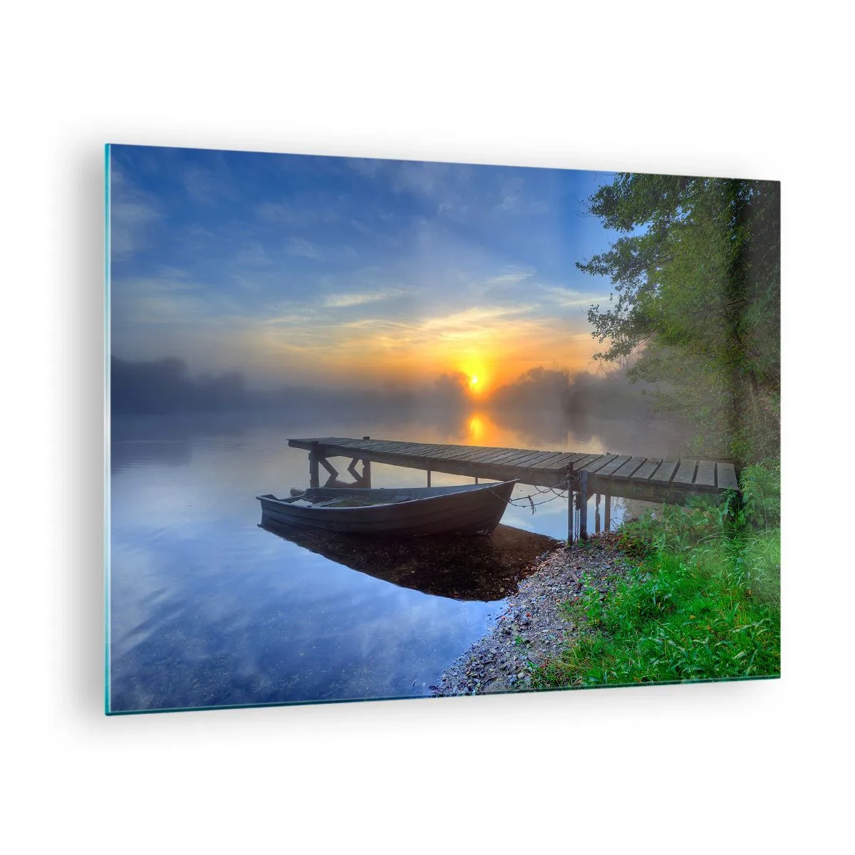Impression sur verre - Image sur verre - Un bateau à quai au lever du soleil sur le lac - 70x50cm - Comment l'ordinaire se transforme en magie - Décoration murale moderne pour le salon et la chambre ARTTOR