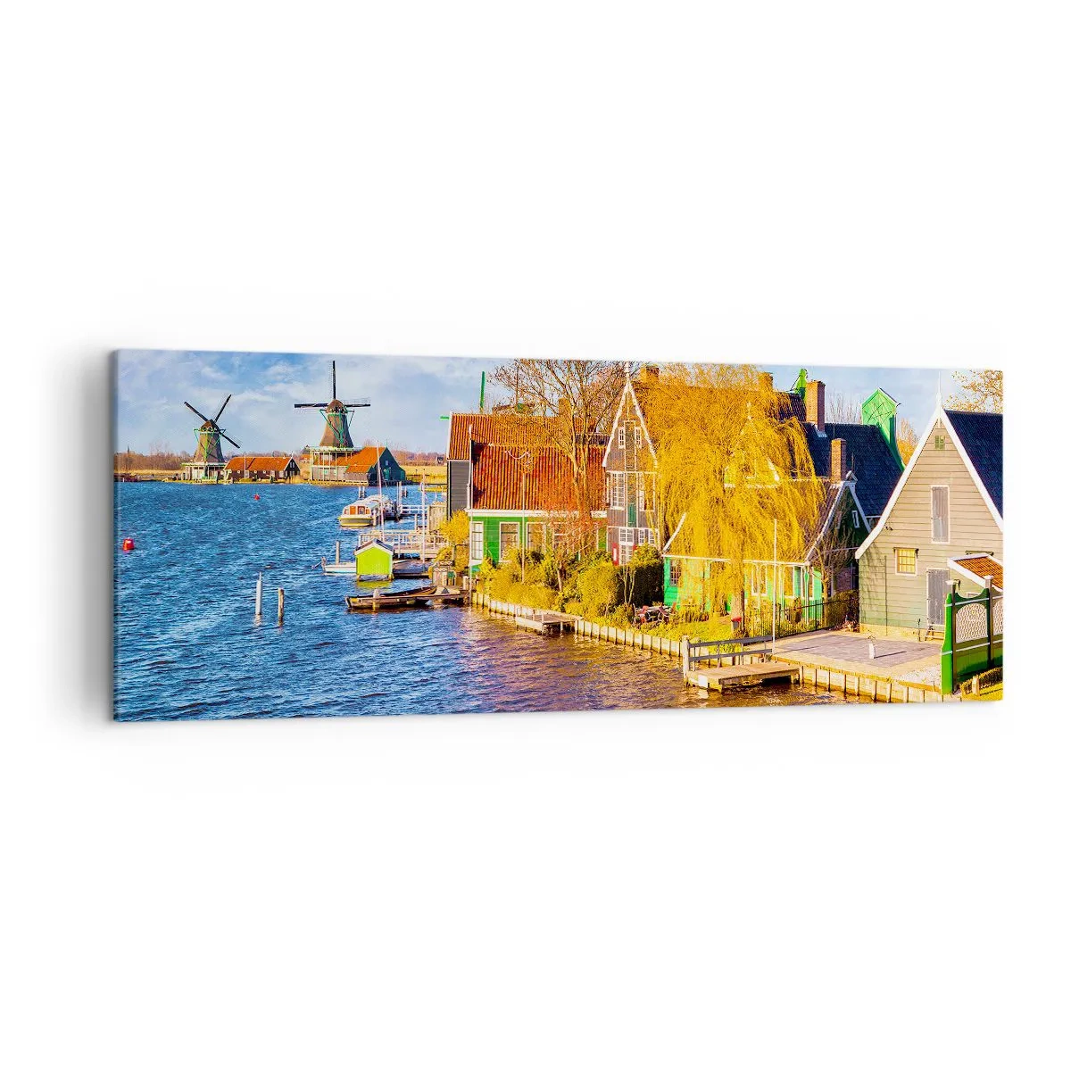 Impression sur toile - Image sur toile - Maisons pittoresques et moulins à vent au bord de l'eau - 140x50cm - C'est pareil depuis des lustres - Décoration murale moderne pour le salon et la chambre ARTTOR