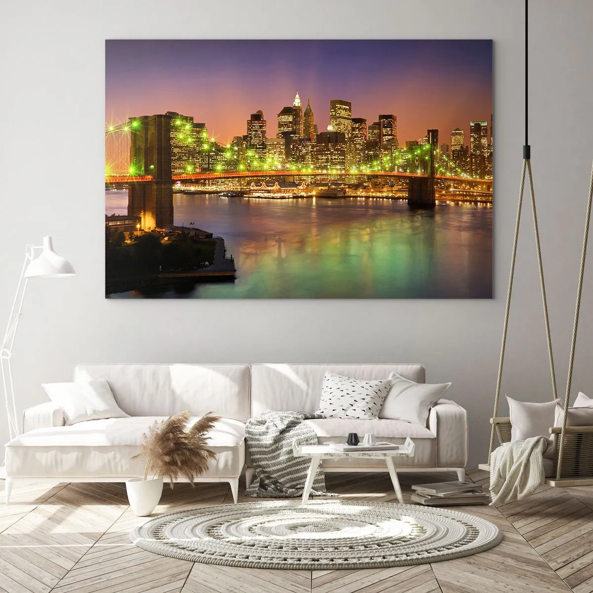 Impression sur verre - Image sur verre - Pont illuminé sur la rivière avec vue panoramique sur la ville au crépuscule - 120x80cm - Ici la lumière ne s'éteint jamais - Décoration murale moderne pour le salon et la chambre ARTTOR