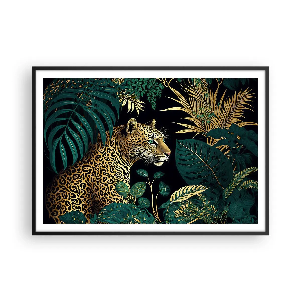Affiche dans un cadre noir - Poster - Léopard dans des feuilles tropicales sur fond noir - 100x70cm - Un hôte dans la jungle - Décoration murale moderne pour le salon et la chambre ARTTOR