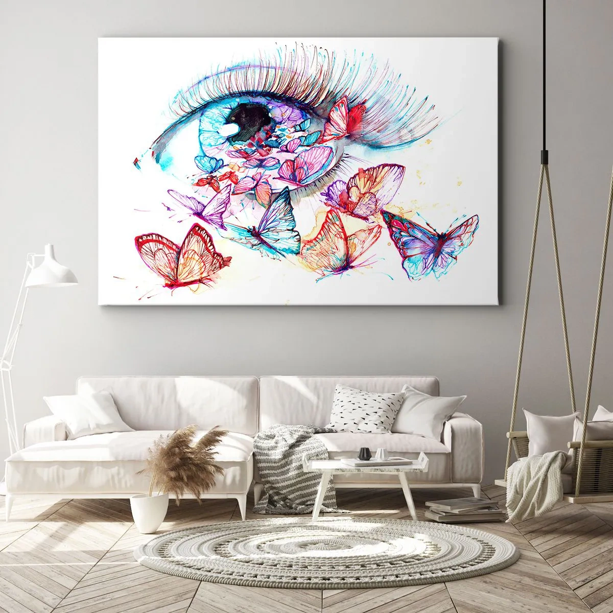Impression sur toile - Image sur toile - Un œil aquarelle entouré de papillons colorés - 120x80cm - Charme des yeux de conte de fées - Décoration murale moderne pour le salon et la chambre ARTTOR