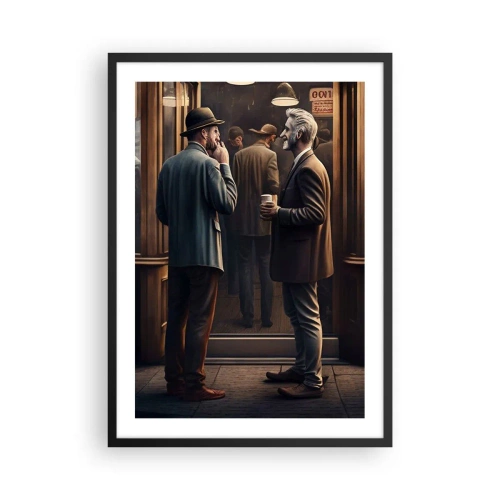 Affiche dans un cadre noir - Poster - Deux hommes élégants discutent devant un café - 50x70cm - Bon moment de la journée - Décoration murale moderne pour le salon et la chambre ARTTOR