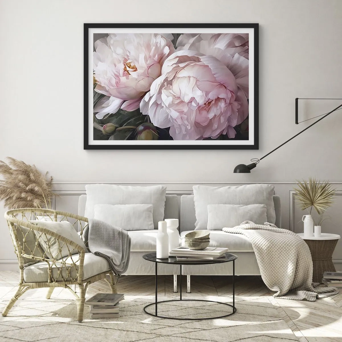 Affiche dans un cadre noir - Poster - Pivoines roses délicates en pleine floraison - 70x50cm - Arrêté en pleine floraison - Décoration murale moderne pour le salon et la chambre ARTTOR
