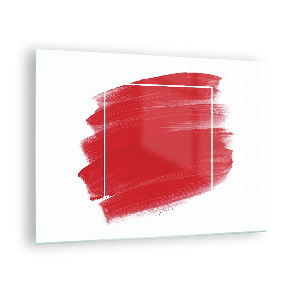 Impression sur verre - Image sur verre - Tache rouge abstraite avec un cadre blanc - 70x50cm - En dehors du cadre - Décoration murale moderne pour le salon et la chambre ARTTOR