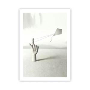 Affiche - Poster - Une main en bois avec un cerf-volant sur un fond lumineux - 50x70cm - Épreuve de force - Décoration murale moderne pour le salon et la chambre ARTTOR