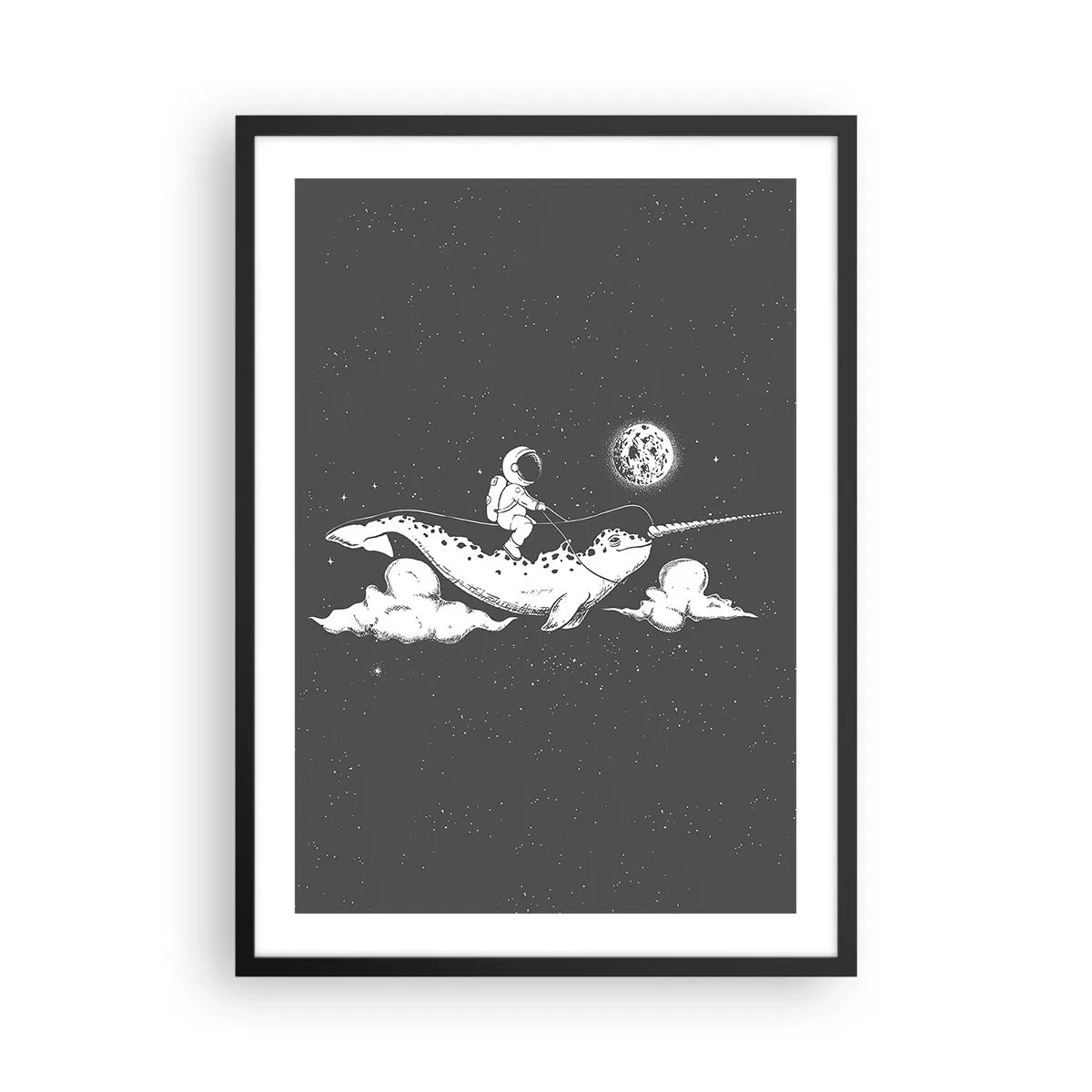 Affiche dans un cadre noir - Poster - Astronaute sur le dos d'un narval dans l'espace - 50x70cm - Cavalier de l'espace - Décoration murale moderne pour le salon et la chambre ARTTOR