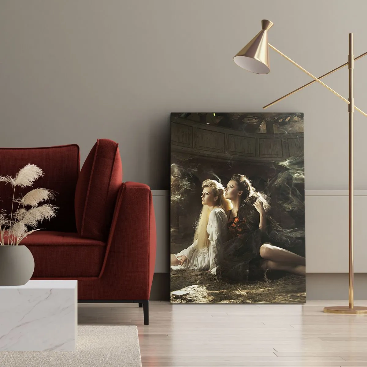 Impression sur toile - Image sur toile - Deux femmes dans un décor magique avec des effets de lumière éthérés. - 80x120cm - Et il y a eu la poésie - Décoration murale moderne pour le salon et la chambre ARTTOR