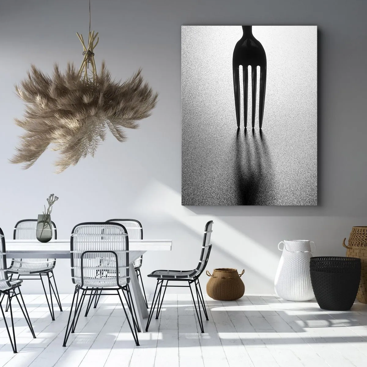 Impression sur toile - Image sur toile - Une version minimaliste d'une fourchette en noir et blanc avec jeu d'ombres. - 70x100cm - Lumière et ombre - Décoration murale moderne pour le salon et la chambre ARTTOR