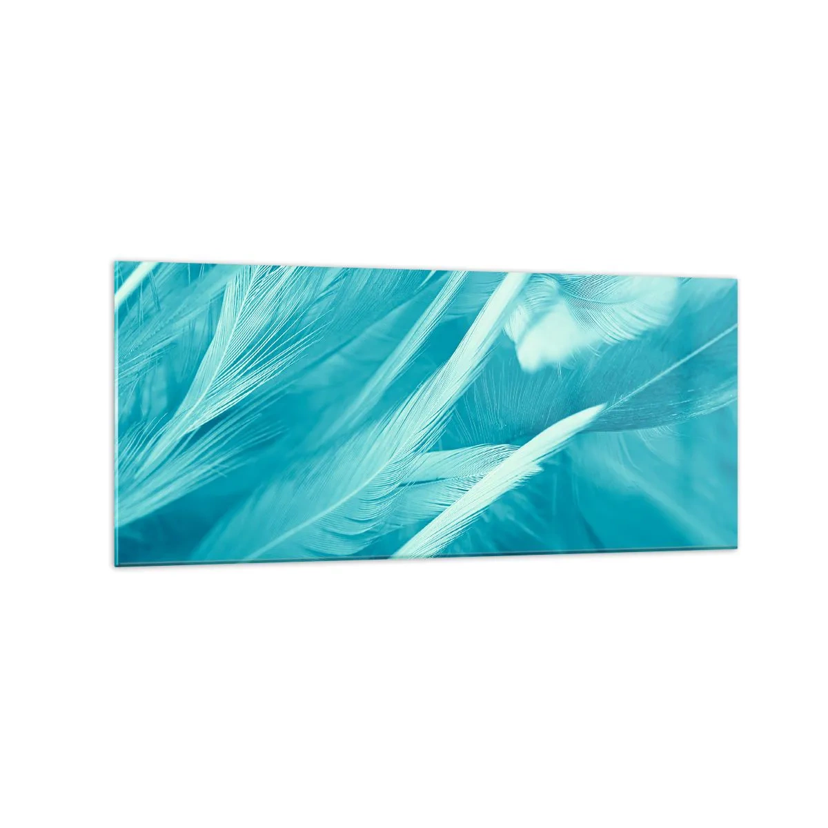 Impression sur verre - Image sur verre - Gros plan de délicates plumes turquoises - 120x50cm - Se noyer dans les plumes - Décoration murale moderne pour le salon et la chambre ARTTOR