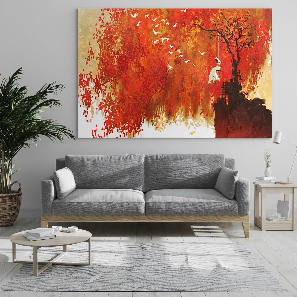 Impression sur verre - Image sur verre - Des feuilles rouges, un arbre solitaire et des oiseaux dans une scène d'automne - 70x50cm - S'envolera-t-il avec eux ? - Décoration murale moderne pour le salon et la chambre ARTTOR