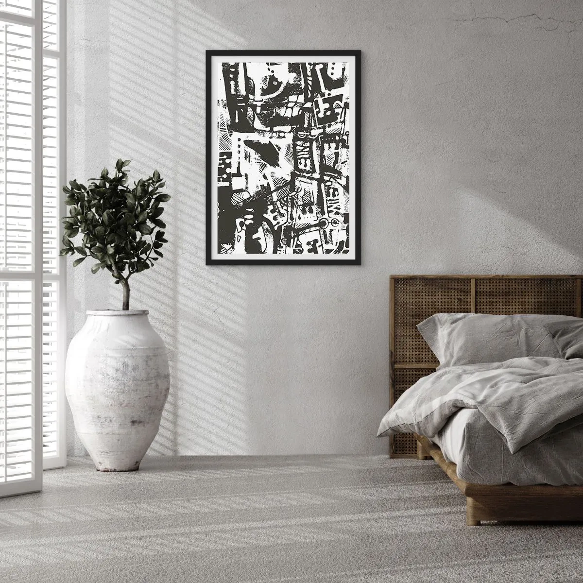 Affiche dans un cadre noir - Poster - Graphique abstrait en noir et blanc avec des formes géométriques - 50x70cm - Ordre ou chaos? - Décoration murale moderne pour le salon et la chambre ARTTOR