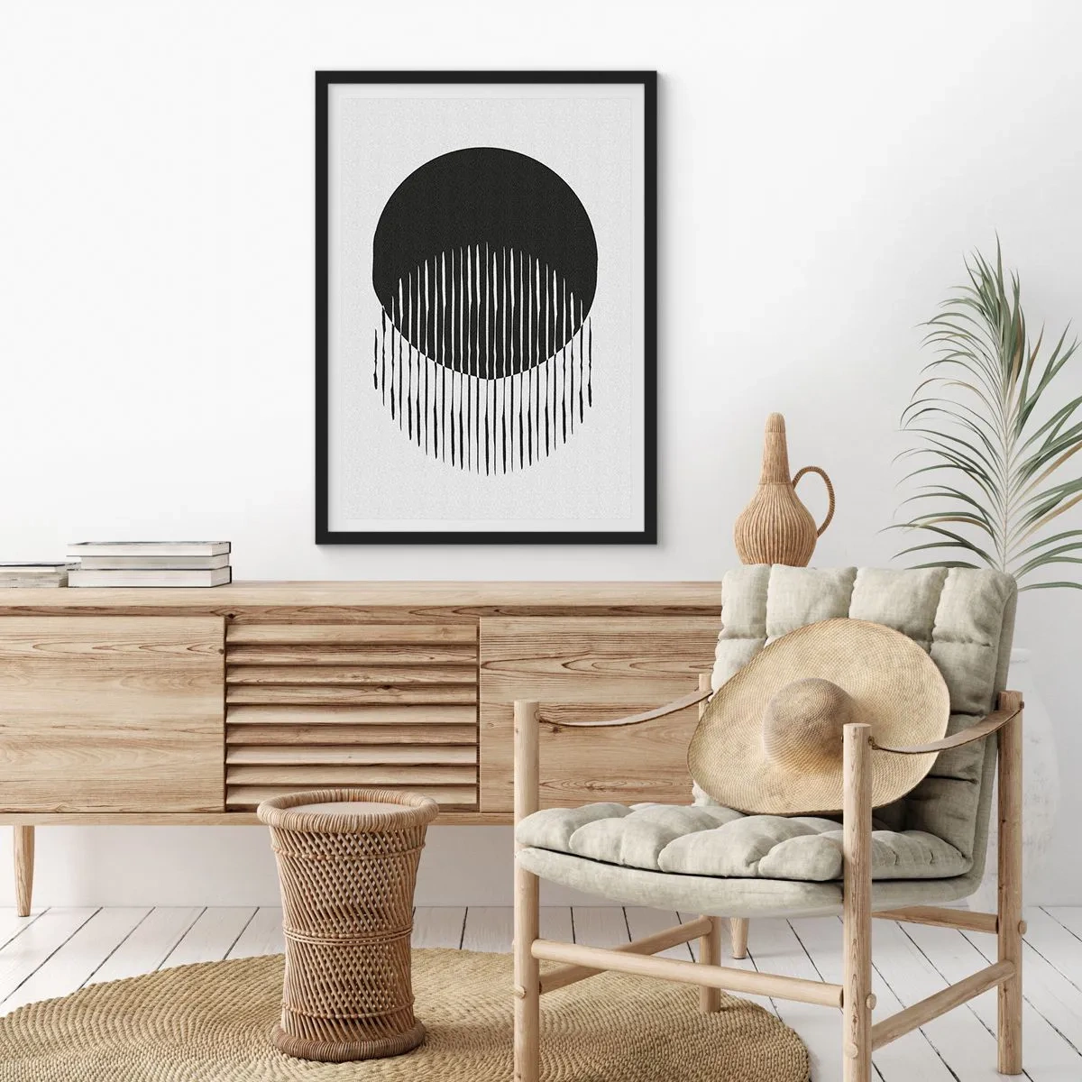 Affiche dans un cadre noir - Poster - Composition abstraite d'un cercle noir et de lignes verticales - 50x70cm - Son alter ego - Décoration murale moderne pour le salon et la chambre ARTTOR