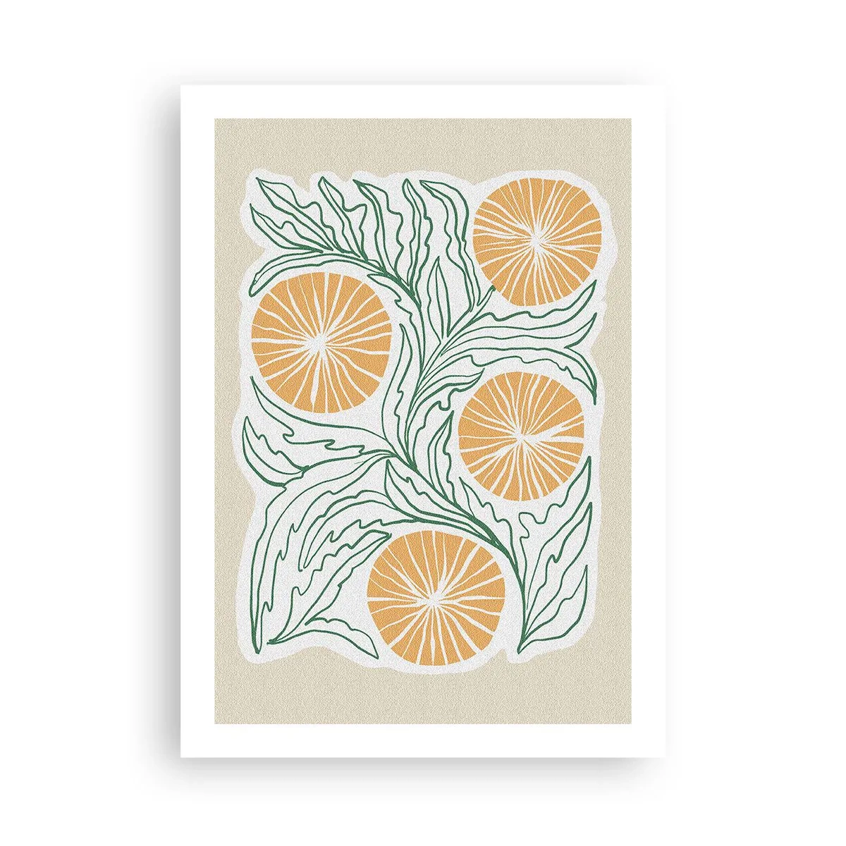 Affiche - Poster - Composition abstraite de feuilles et d'oranges sur fond beige - 50x70cm - Ethnique avec une pointe d'abstraction - Décoration murale moderne pour le salon et la chambre ARTTOR