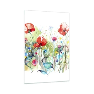 Impression sur verre - Image sur verre - Une prairie avec des coquelicots rouges et des fleurs colorées à l'aquarelle - 70x100cm - Prairie de fleurs en mai - Décoration murale moderne pour le salon et la chambre ARTTOR