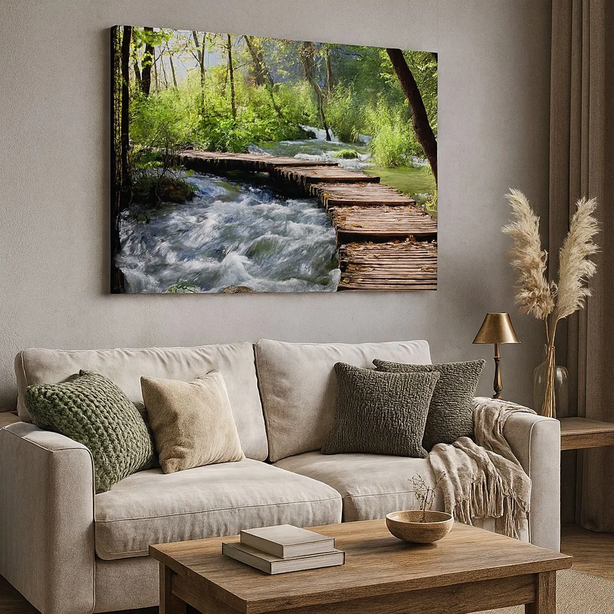 Impression sur toile - Image sur toile - Un pont en bois sur un ruisseau tumultueux entouré par la verdure de la forêt. - 70x50cm - Au-dessus de la cascade mousseuse - Décoration murale moderne pour le salon et la chambre ARTTOR