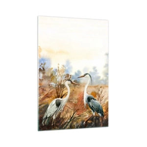 Impression sur verre - Image sur verre - Deux hérons sur fond de paysage d'automne - 70x100cm - Jusqu'où en automne ? - Décoration murale moderne pour le salon et la chambre ARTTOR
