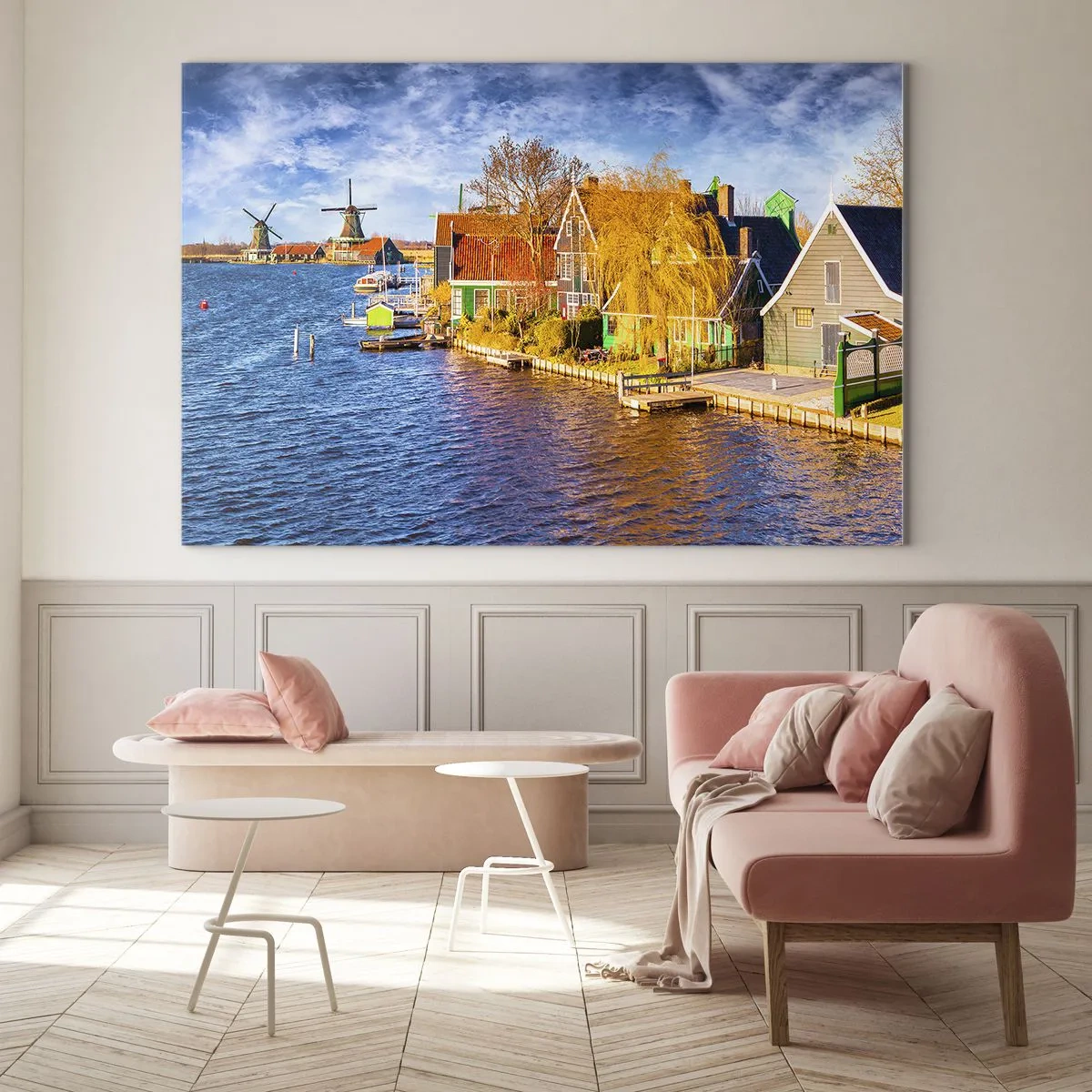 Impression sur verre - Image sur verre - Maisons pittoresques au bord de l'eau aux Pays-Bas avec moulins à vent - 120x80cm - C'est pareil depuis des lustres - Décoration murale moderne pour le salon et la chambre ARTTOR