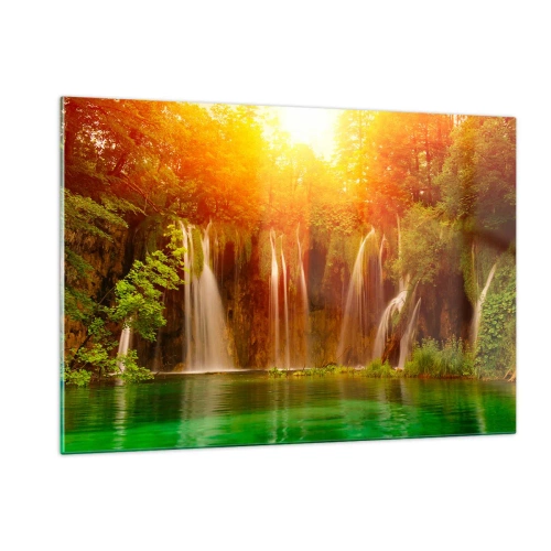 Impression sur verre - Image sur verre - Cascades dans une forêt ensoleillée avec de l'eau turquoise - 120x80cm - Au soleil et à l'ombre - Décoration murale moderne pour le salon et la chambre ARTTOR