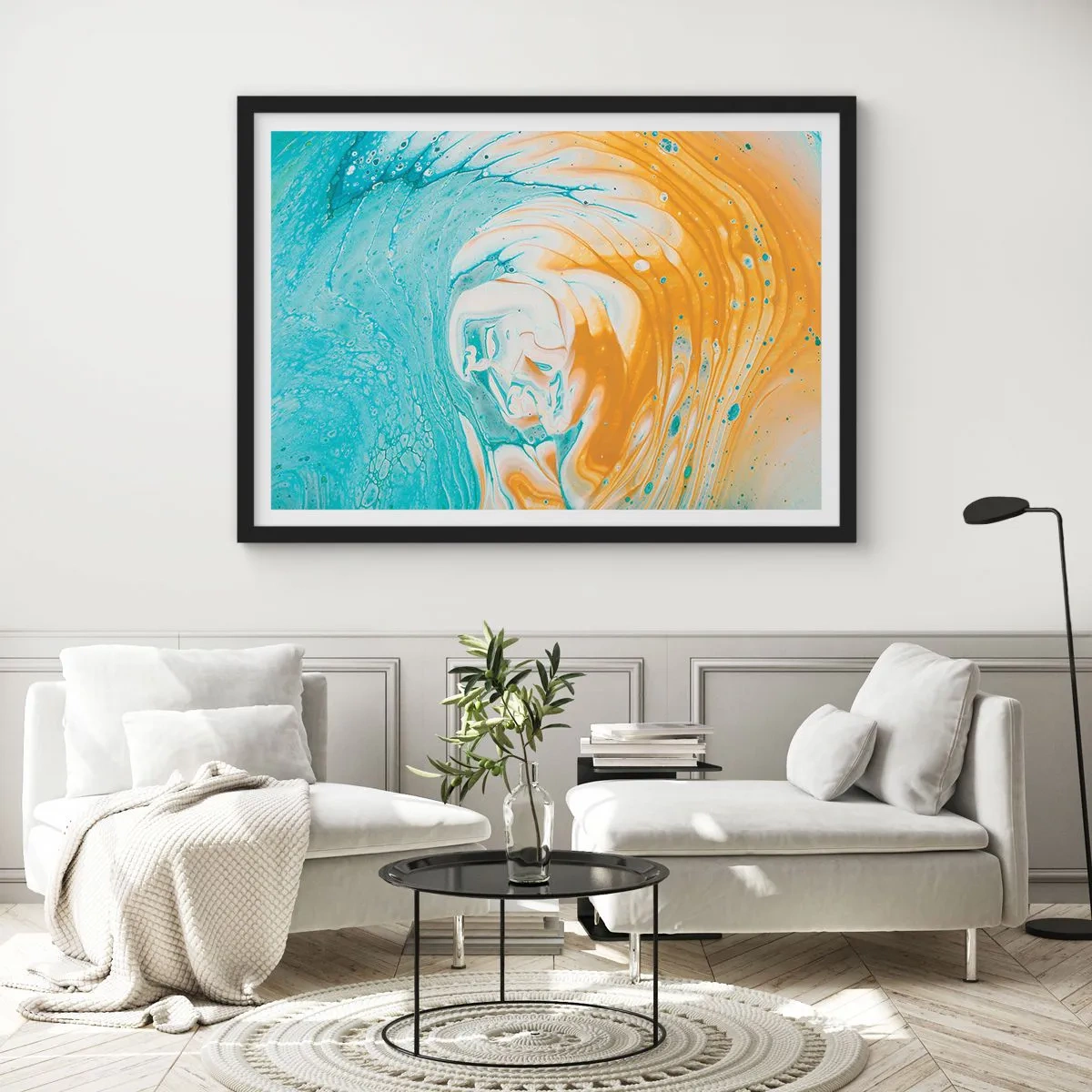Affiche dans un cadre noir - Poster - Vagues abstraites dans des tons de bleu et d'or sur toile - 70x50cm - Tourbillon pastel - Décoration murale moderne pour le salon et la chambre ARTTOR