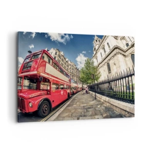 Impression sur toile - Image sur toile - Bus rouge à impériale à Londres près de la rue et de la cathédrale - 100x70cm - Rue de Londres en gris et rouge - Décoration murale moderne pour le salon et la chambre ARTTOR