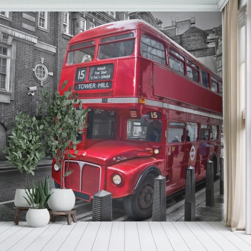 Papier Peint Photo Premium Sand - Rue en noir et blanc avec un bus rouge à impériale - 100x70cm - Toujours la même chose - Décoration murale moderne pour le salon et la chambre ARTTOR