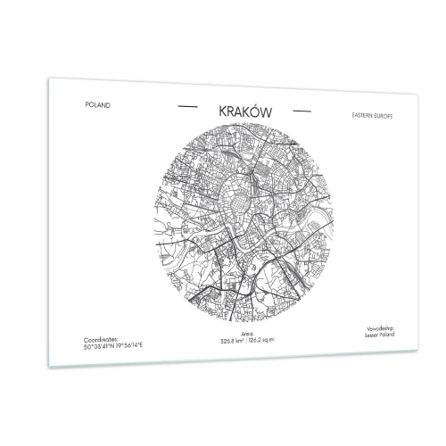 Impression sur verre - Image sur verre - Une carte de Cracovie dans un style d'illustration en noir et blanc - 120x80cm - Anatomie de Cracovie - Décoration murale moderne pour le salon et la chambre ARTTOR