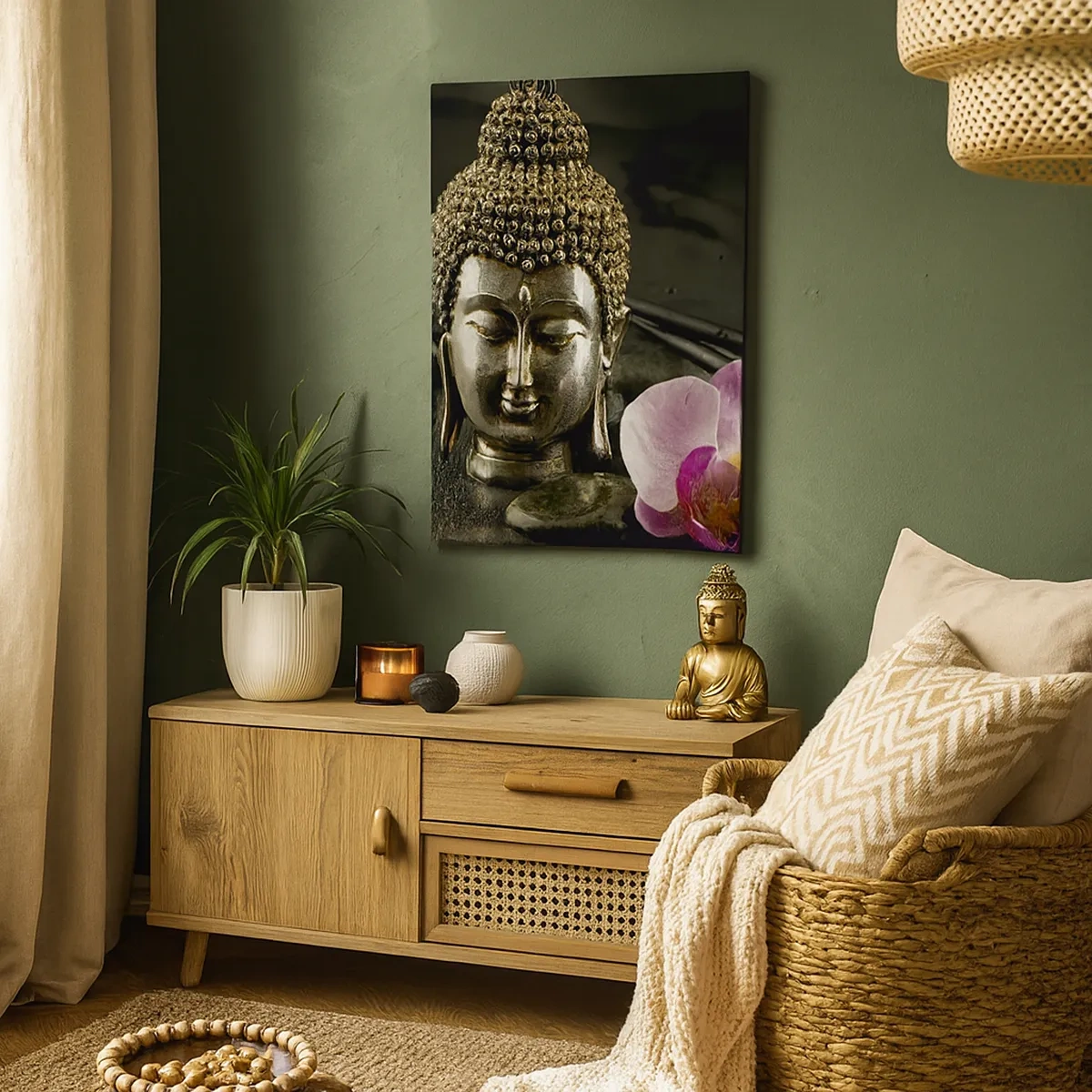 Impression sur toile - Image sur toile - Une statuette de Bouddha avec une orchidée et des baguettes sur un fond de pierres - 50x70cm - Harmonie de la sagesse et de la beauté - Décoration murale moderne pour le salon et la chambre ARTTOR