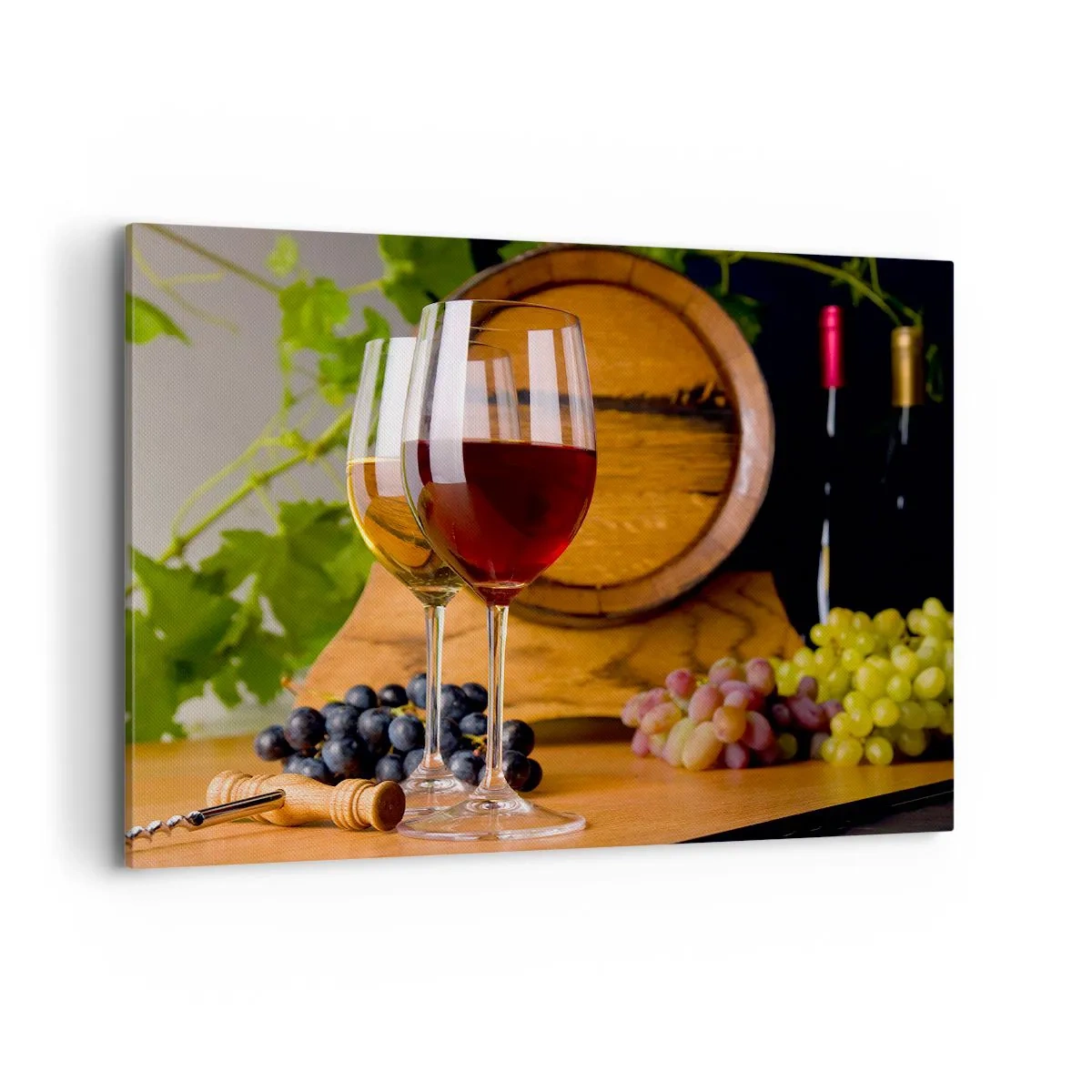 Impression sur toile - Image sur toile - Verres de vin avec des raisins, un tonneau et des bouteilles sur une table en bois - 100x70cm - Comme les vieux maîtres - Décoration murale moderne pour le salon et la chambre ARTTOR