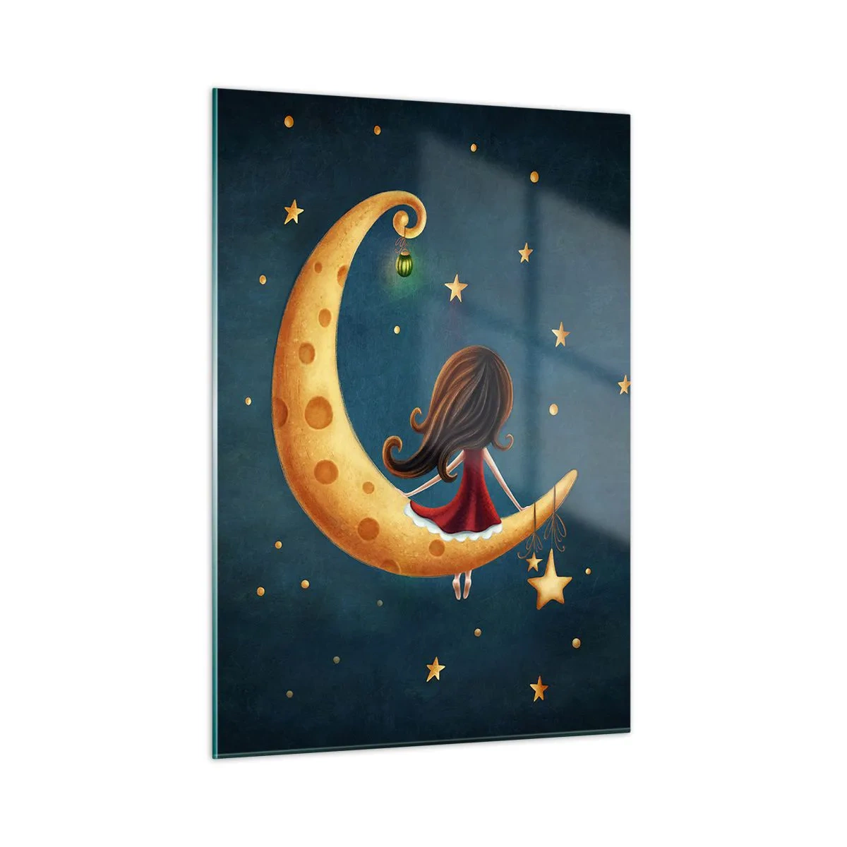 Impression sur verre - Image sur verre - Une fille sur la lune parmi les étoiles sur un fond bleu marine - 50x70cm - Il était une fois... - Décoration murale moderne pour le salon et la chambre ARTTOR