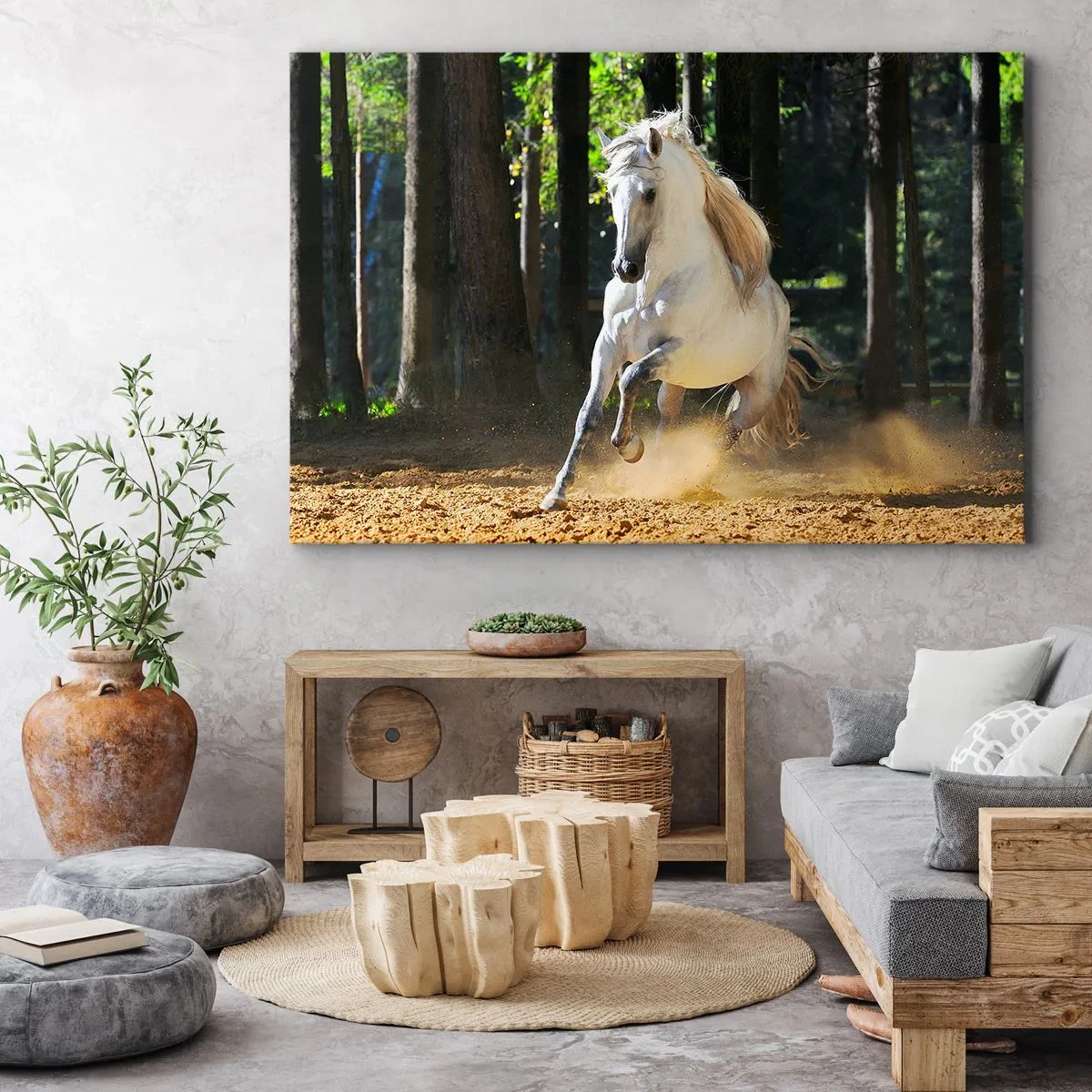 Impression sur toile - Image sur toile - Un cheval blanc galopant dans une clairière forestière - 120x80cm - Comme dans un roman fantastique - Décoration murale moderne pour le salon et la chambre ARTTOR